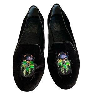 Tory Burch Easton Black Velvet Slipper Loafers Embroidered Beetle Scarab 7.5